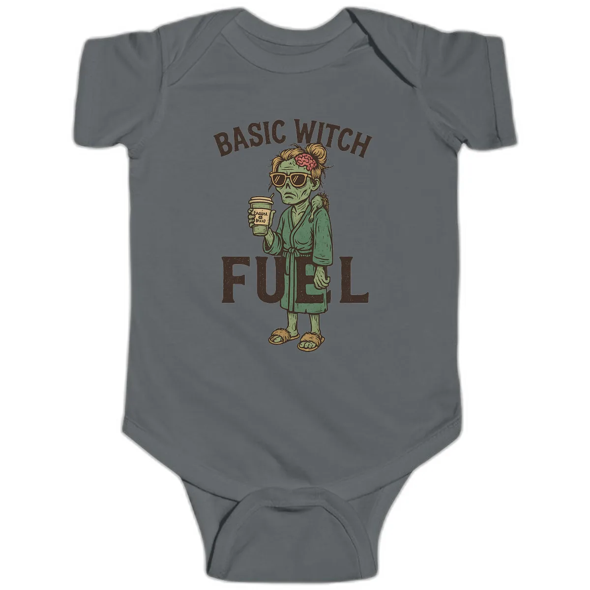 Basic Witch Fuel Halloween Design Baby Onesie in Charcoal