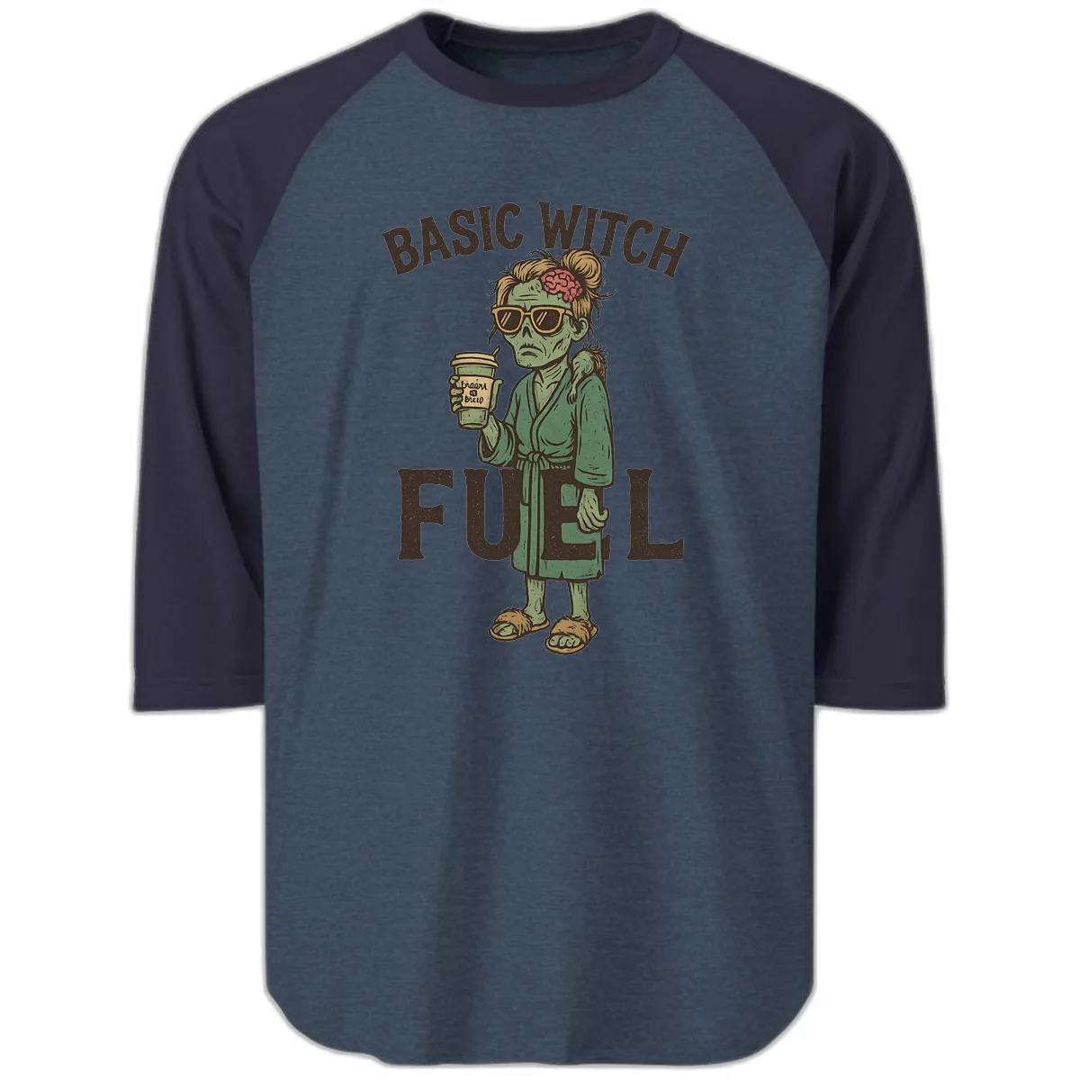 Basic Witch Fuel Halloween Design Raglan 3/4 in Heather Denim Navy