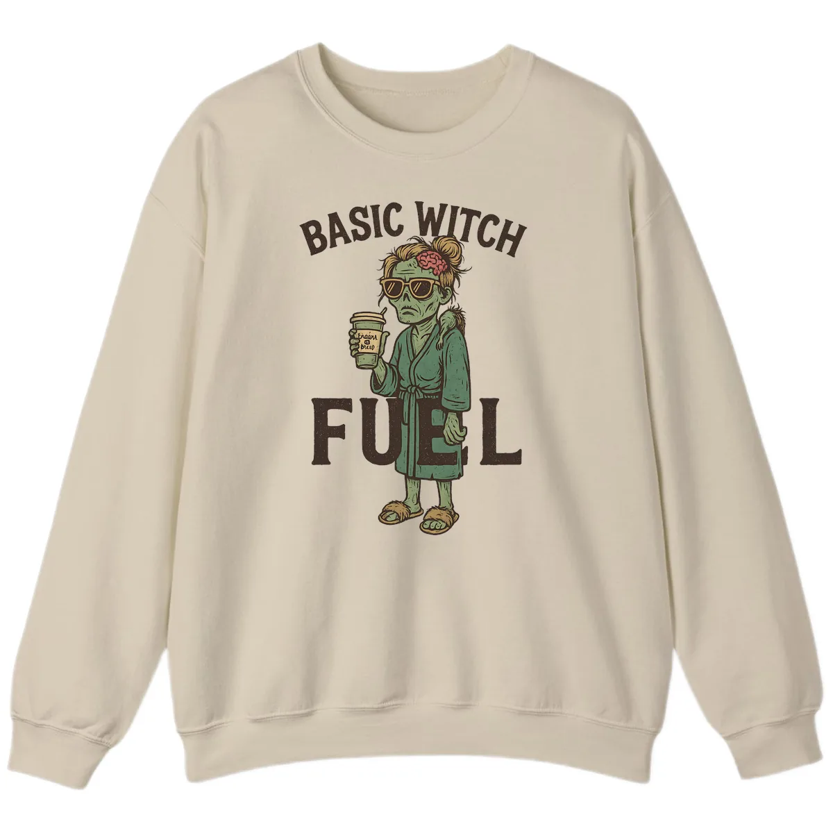 Basic Witch Fuel Halloween Design Sweatshirt in Sand