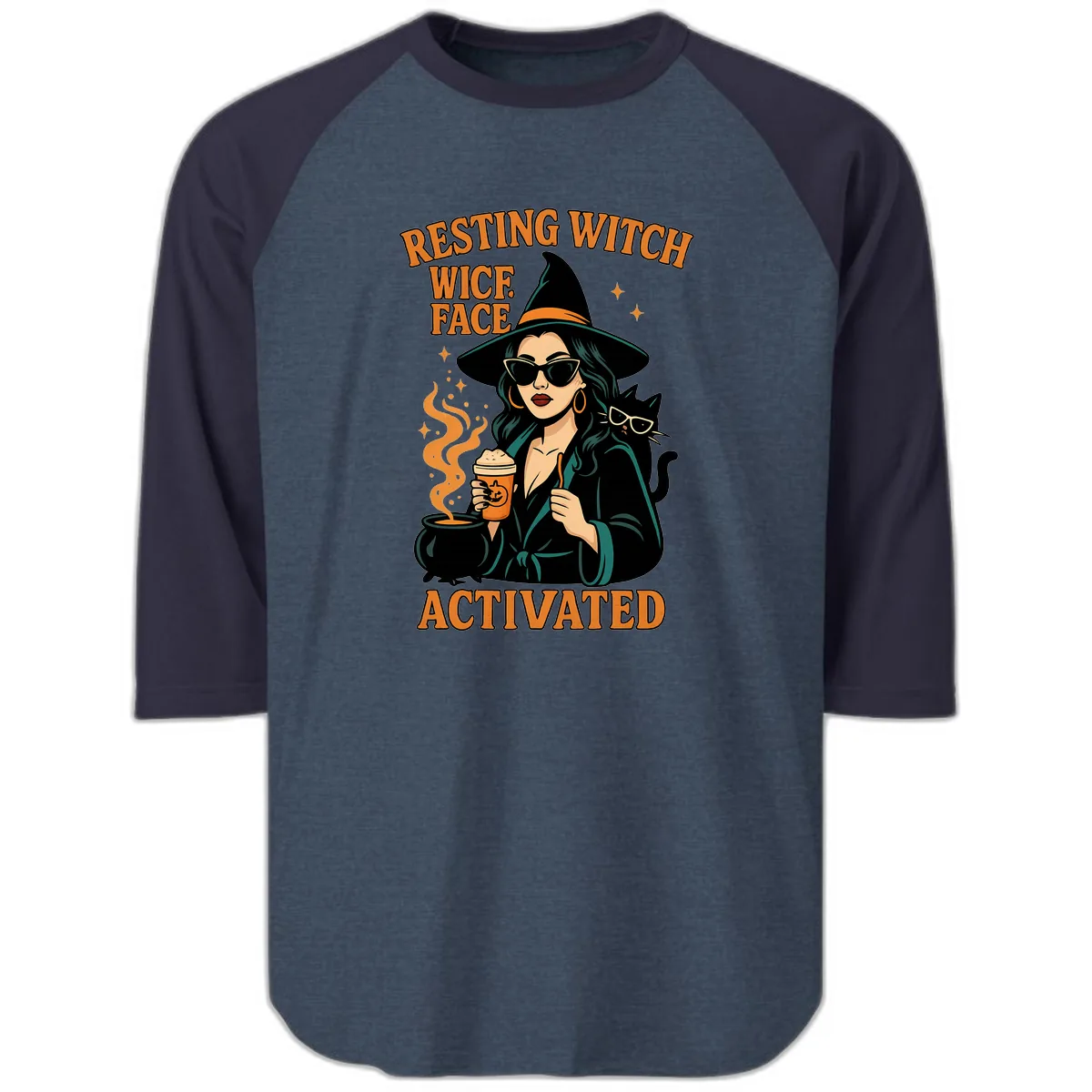 Resting Witch Face Activated Raglan 3/4 in Heather Denim Navy