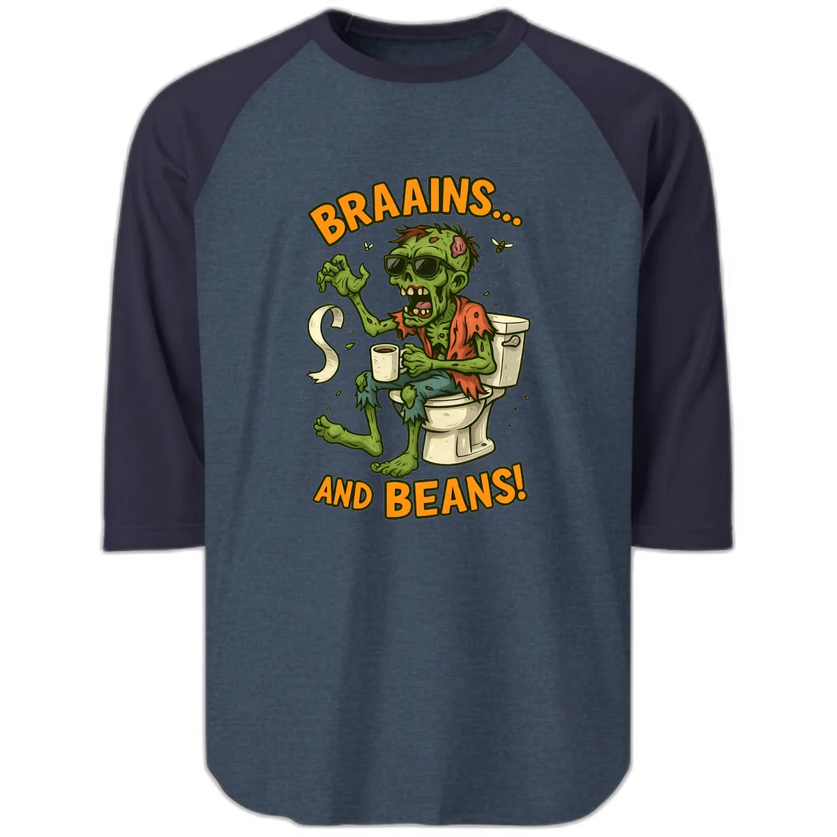 Zombie Morning Routine Humor Raglan 3/4 in Heather Denim Navy