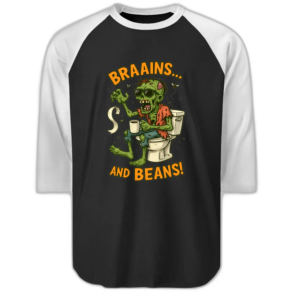 Zombie Morning Routine Humor Raglan 3/4 in Black White