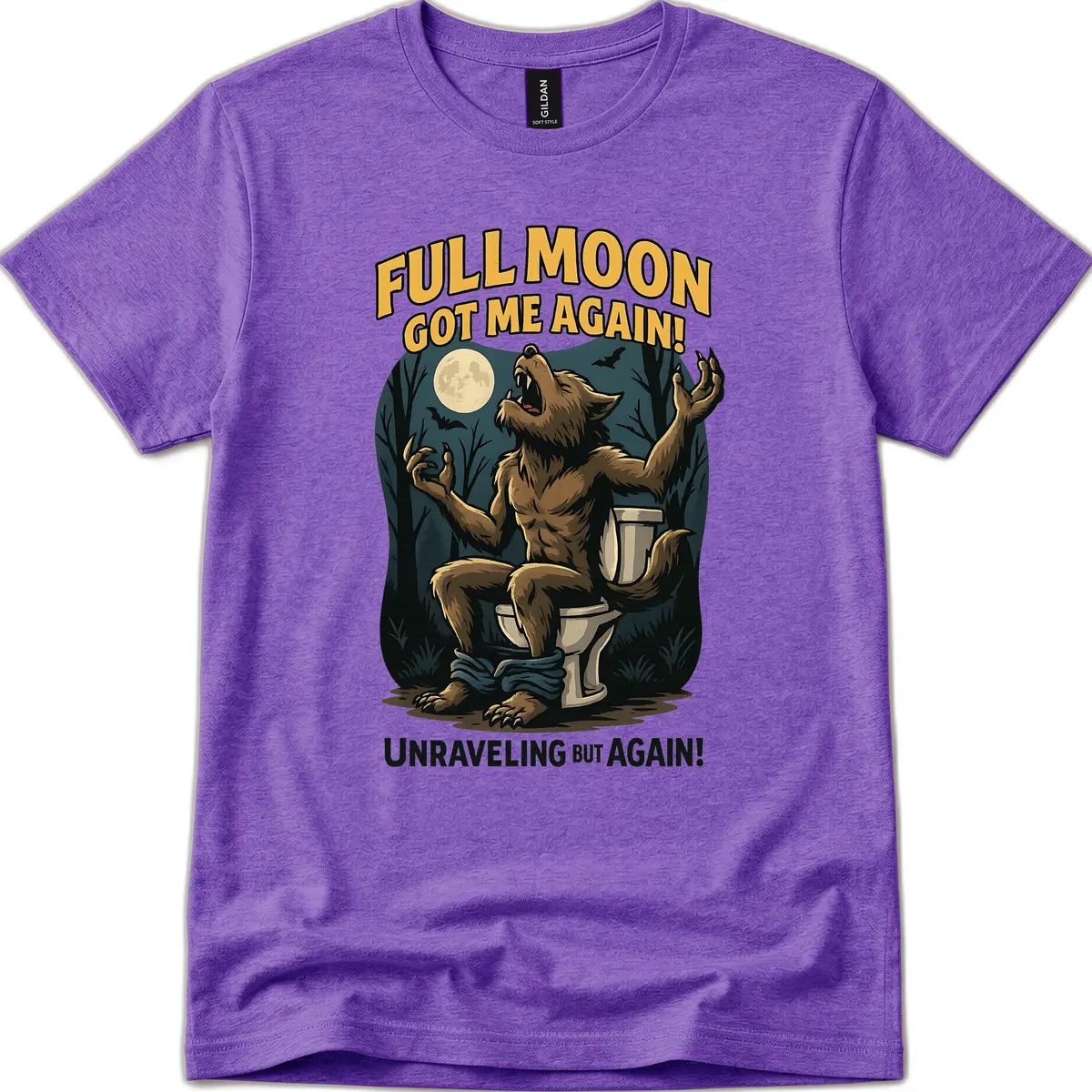 Full Moon Werewolf Toilet Humor T-Shirt in Heather Purple