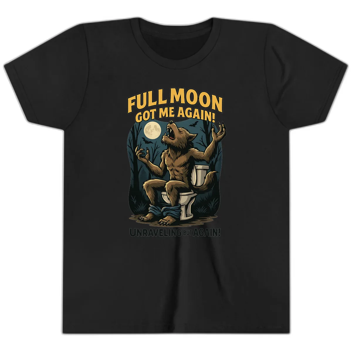 Full Moon Werewolf Toilet Humor Youth T-Shirt in Black