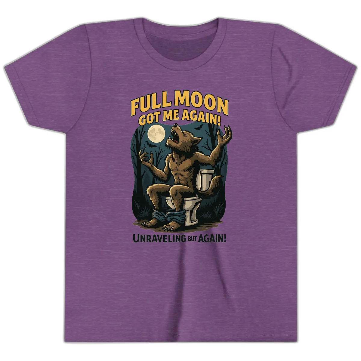 Full Moon Werewolf Toilet Humor Youth T-Shirt in Heather Team Purple