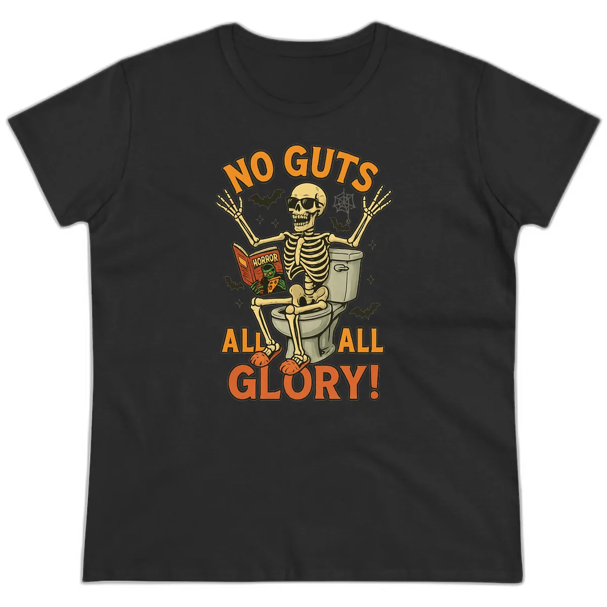 No Guts All Glory Skeleton Toilet Ladies Tee in Black