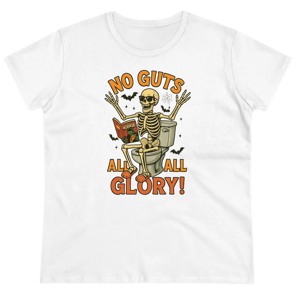 No Guts All Glory Skeleton Toilet Ladies Tee in White