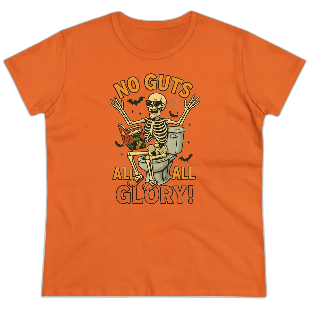No Guts All Glory Skeleton Toilet Ladies Tee in Orange