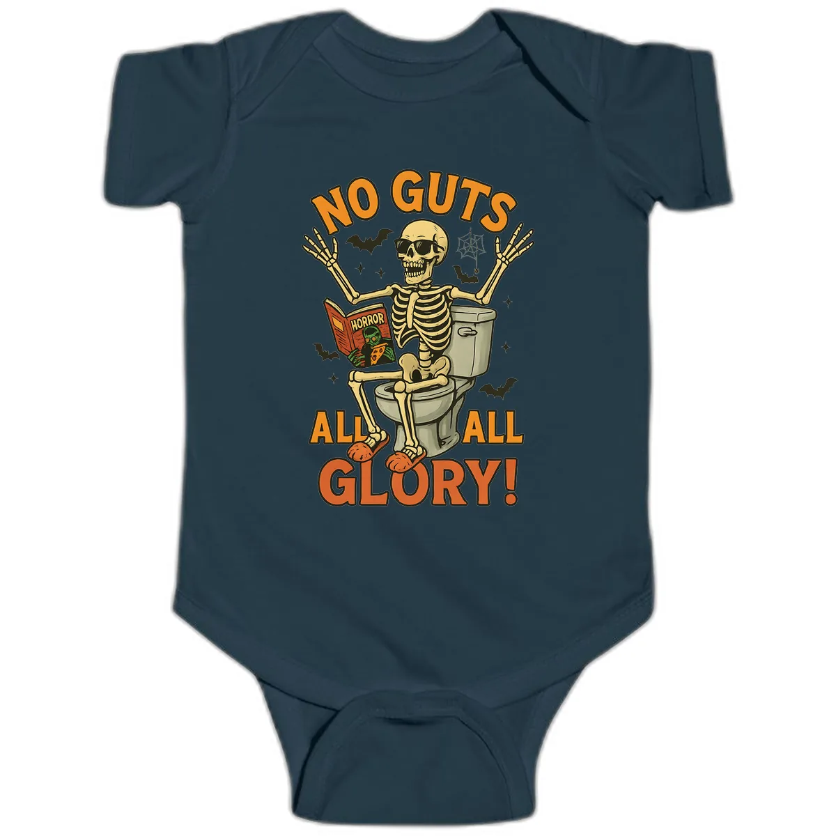 No Guts All Glory Skeleton Toilet Baby Onesie in Navy
