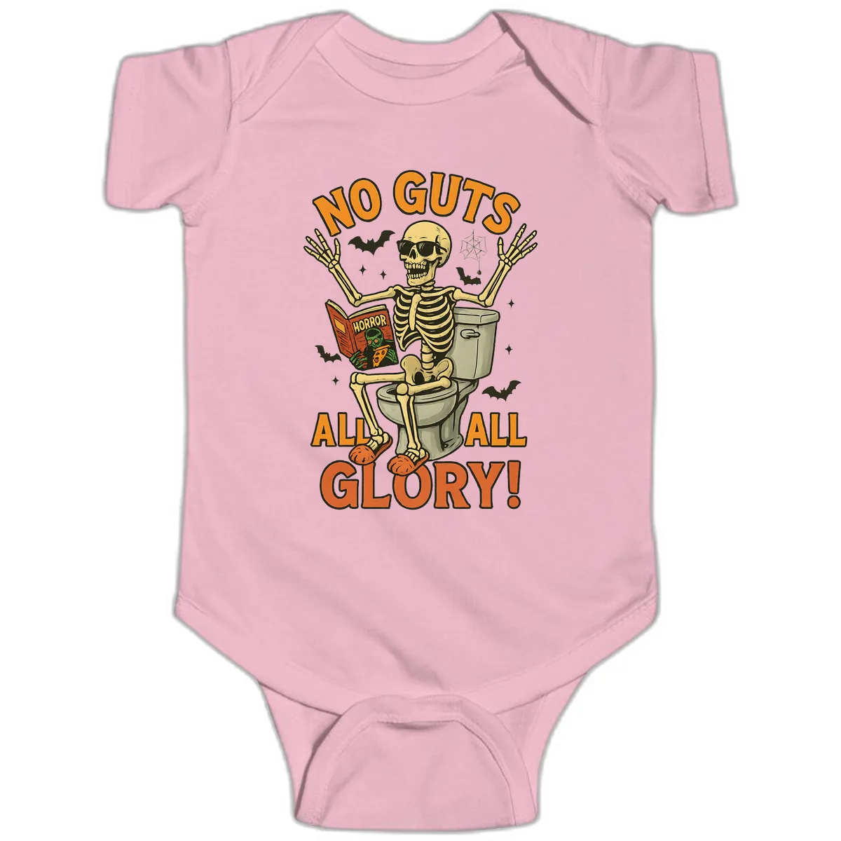 No Guts All Glory Skeleton Toilet Baby Onesie in Pink