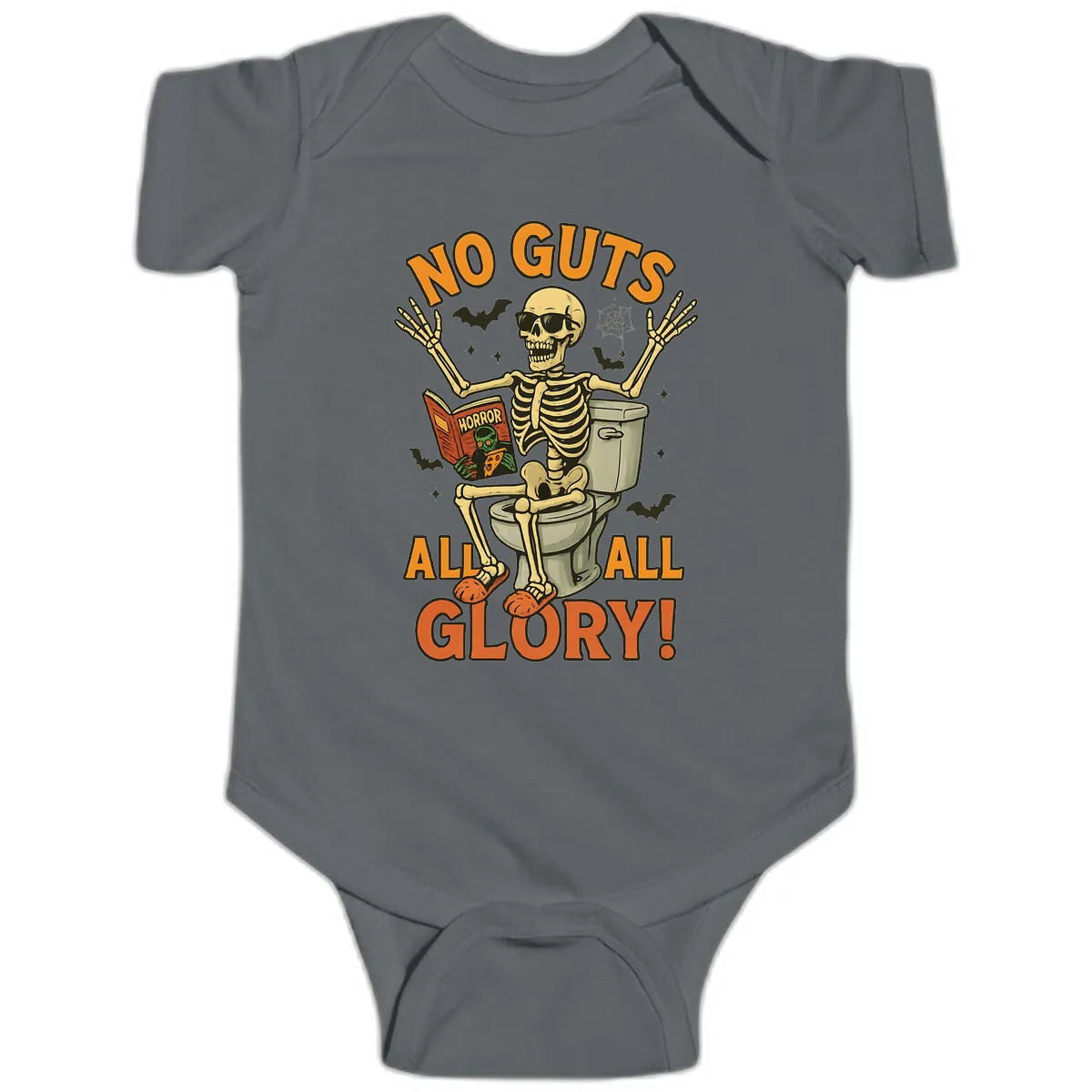No Guts All Glory Skeleton Toilet Baby Onesie in Charcoal