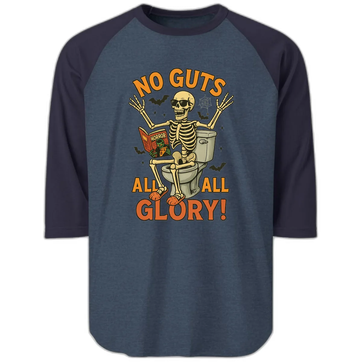 No Guts All Glory Skeleton Toilet Raglan 3/4 in Heather Denim Navy