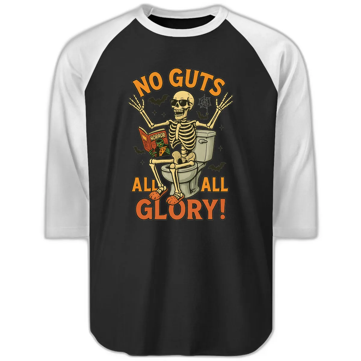 No Guts All Glory Skeleton Toilet Raglan 3/4 in Black White