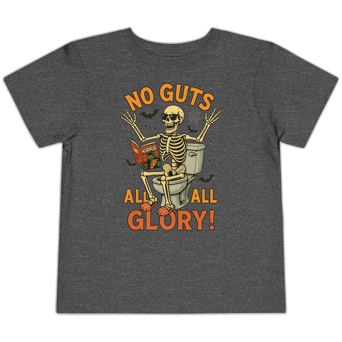 No Guts All Glory Skeleton Toilet Toddler T-Shirt in Dark Heather Grey