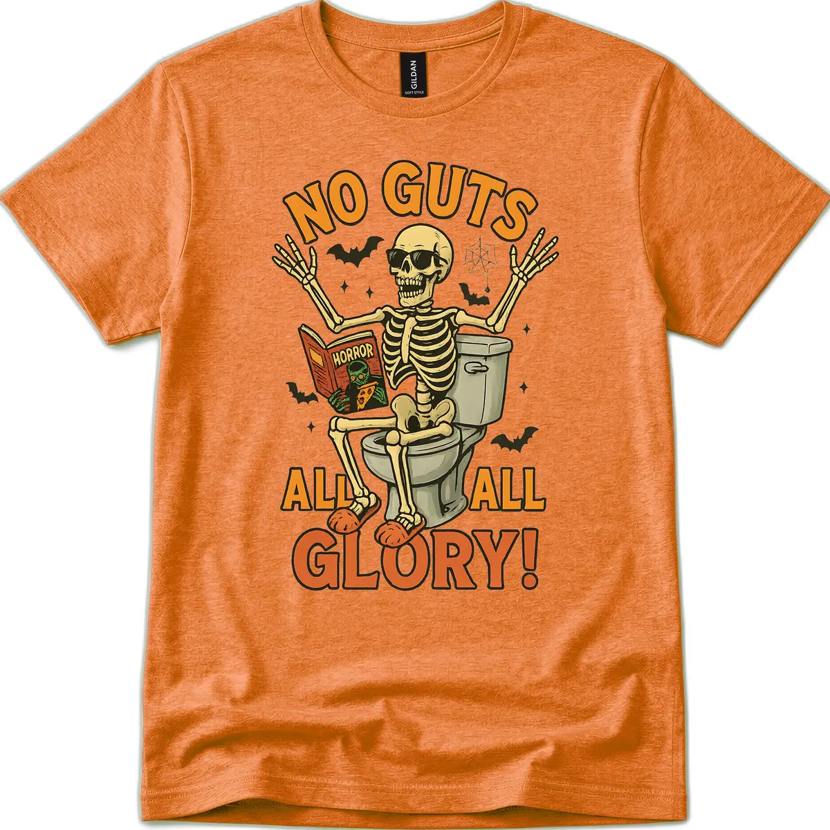 No Guts All Glory Skeleton Toilet T-Shirt in Heather Orange