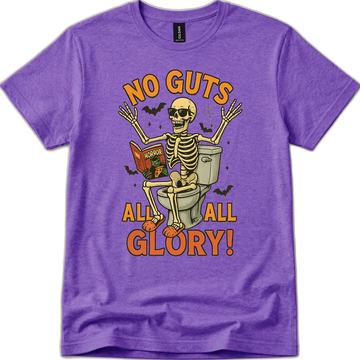 No Guts All Glory Skeleton Toilet T-Shirt in Heather Purple