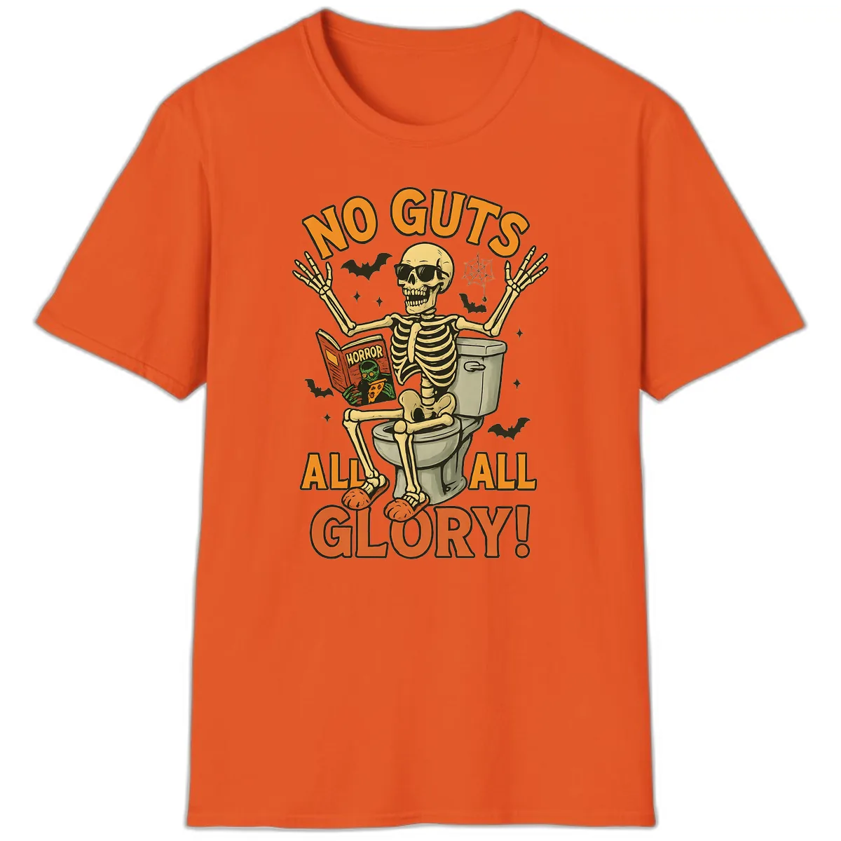 No Guts All Glory Skeleton Toilet T-Shirt in Orange