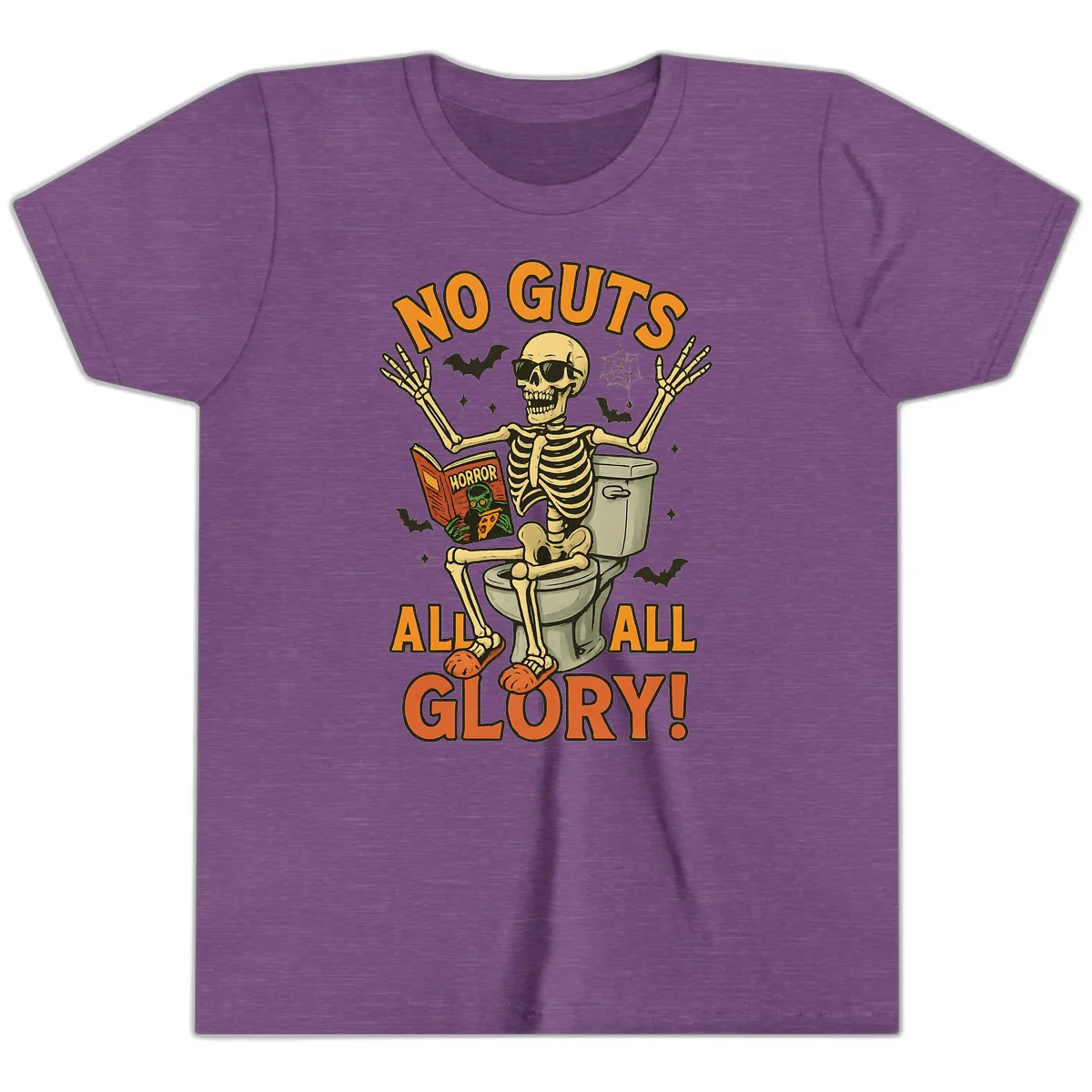 No Guts All Glory Skeleton Toilet Youth T-Shirt in Heather Team Purple