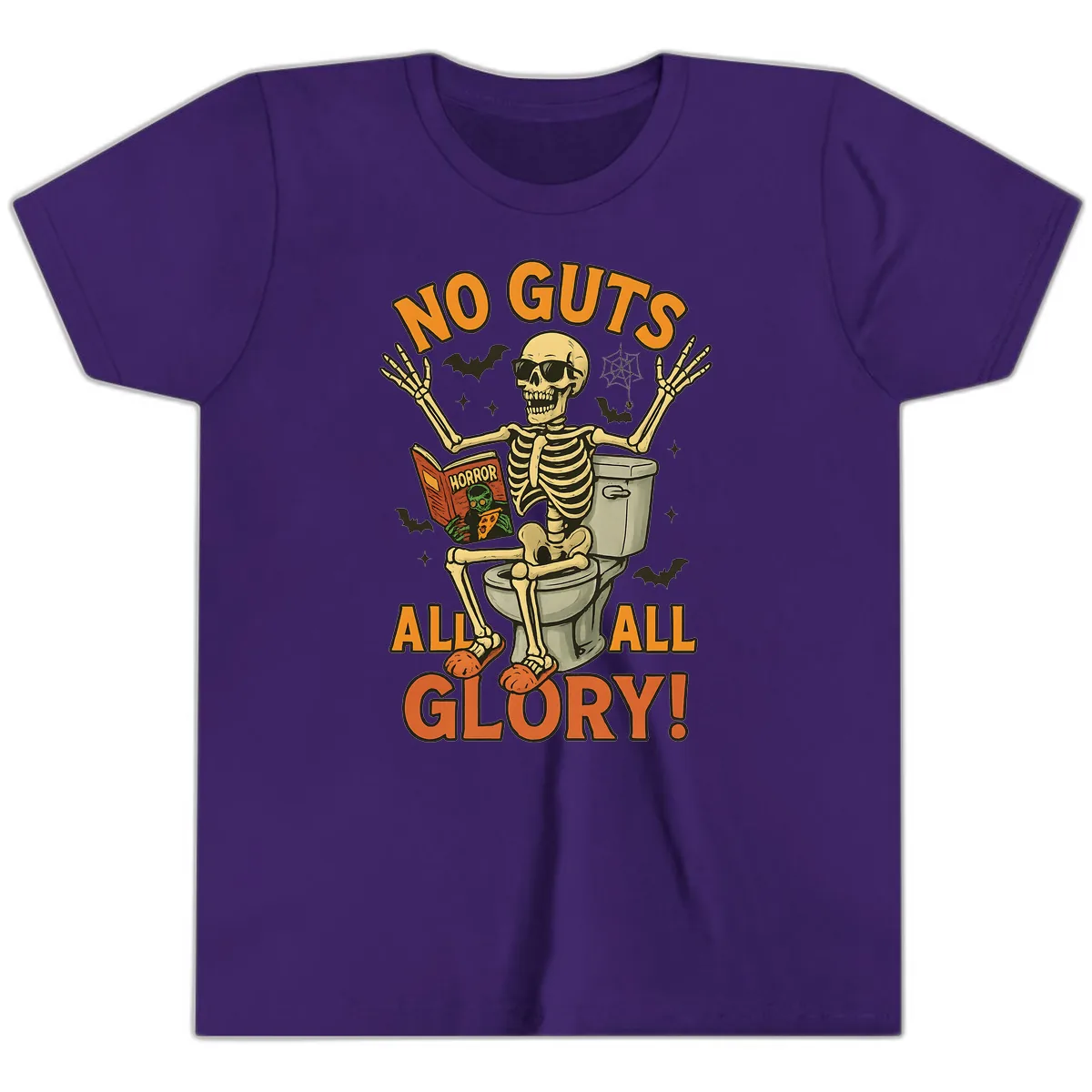 No Guts All Glory Skeleton Toilet Youth T-Shirt in Team Purple