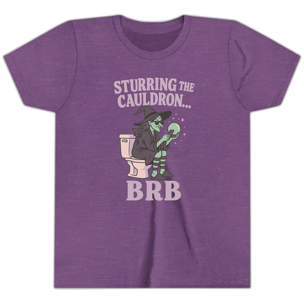 Stirring The Cauldron BRB Witch Youth T-Shirt in Heather Team Purple