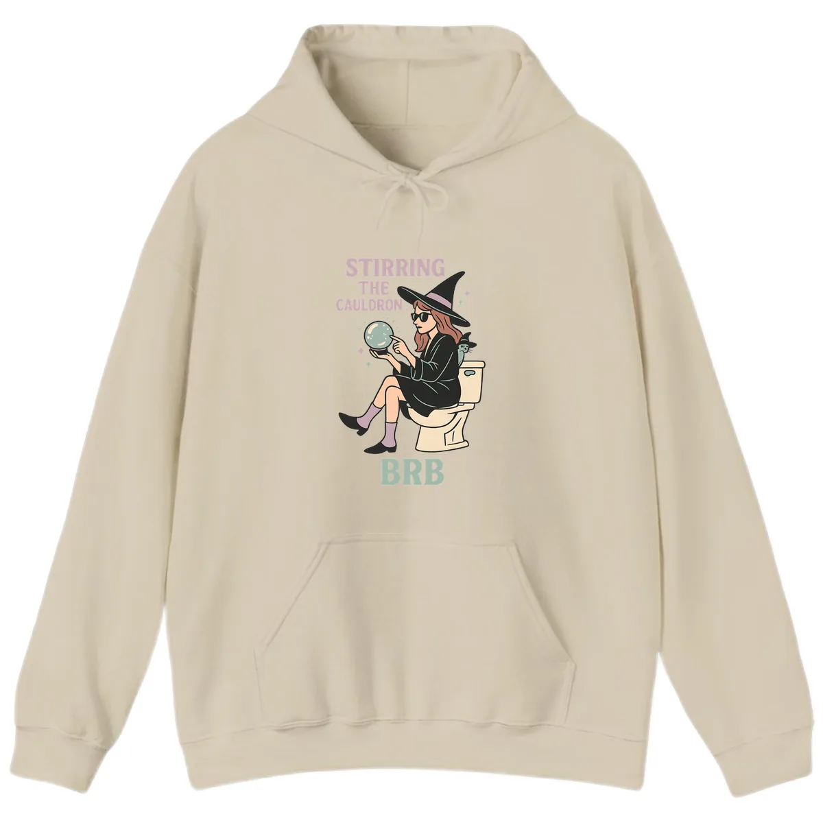 Stirring The Cauldron BRB Witch Design Hoodie in Sand