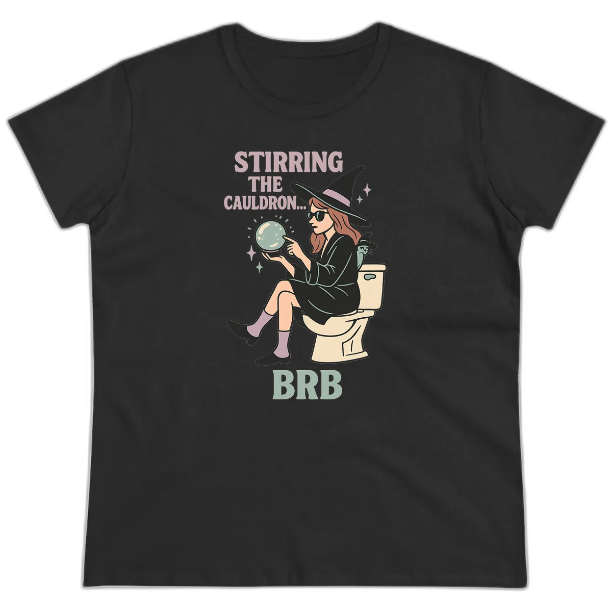 Stirring The Cauldron BRB Witch Design Ladies Tee in Black
