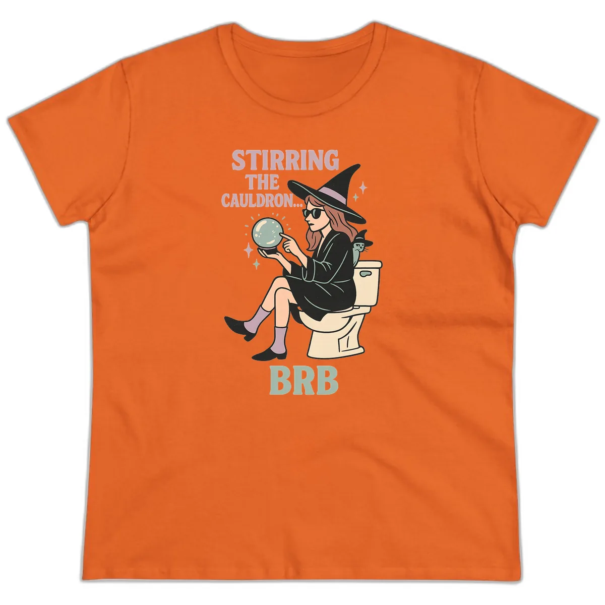 Stirring The Cauldron BRB Witch Design Ladies Tee in Orange