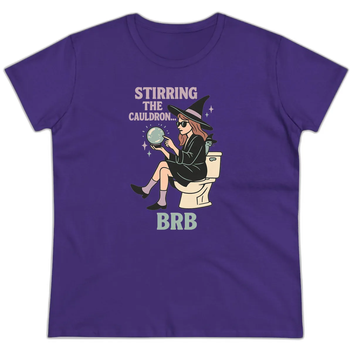 Stirring The Cauldron BRB Witch Design Ladies Tee in Purple