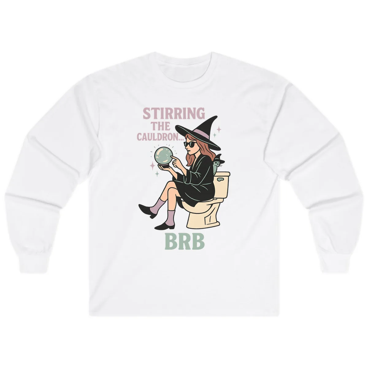 Stirring The Cauldron BRB Witch Design Long Sleeve in White