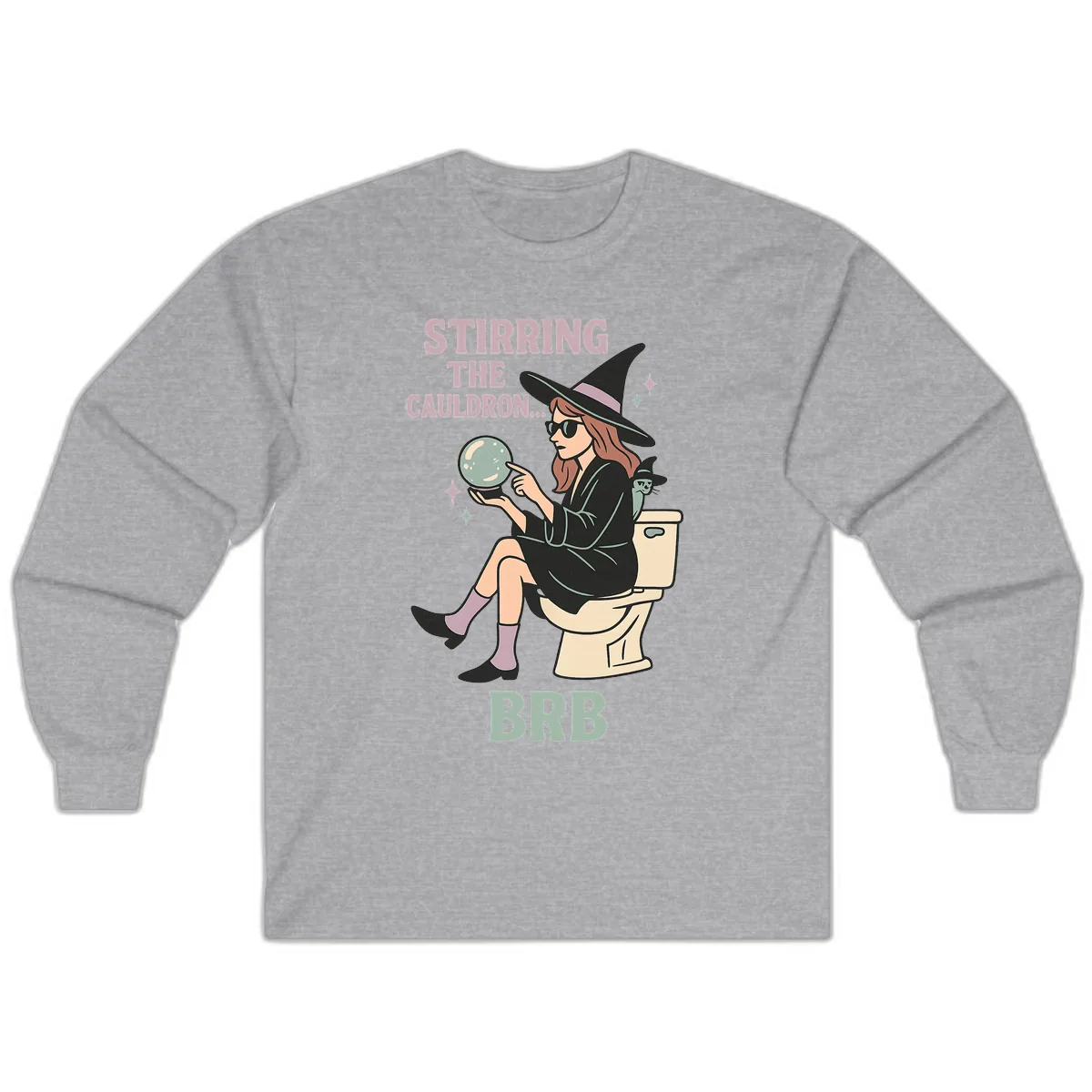 Stirring The Cauldron BRB Witch Design Long Sleeve in Sport Grey