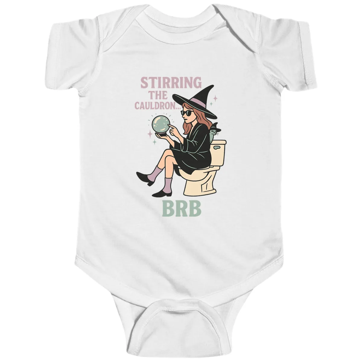 Stirring The Cauldron BRB Witch Design Baby Onesie in White