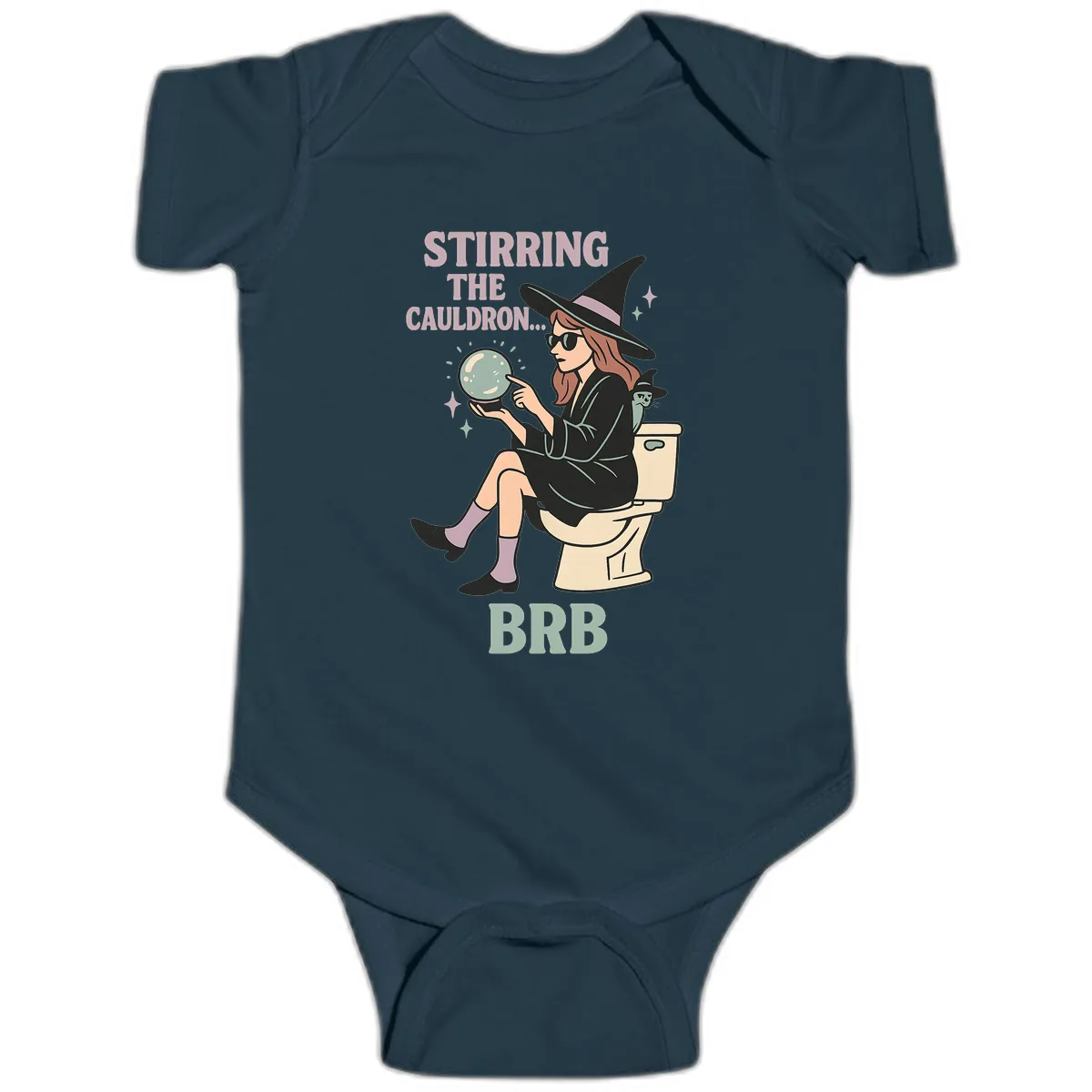 Stirring The Cauldron BRB Witch Design Baby Onesie in Navy