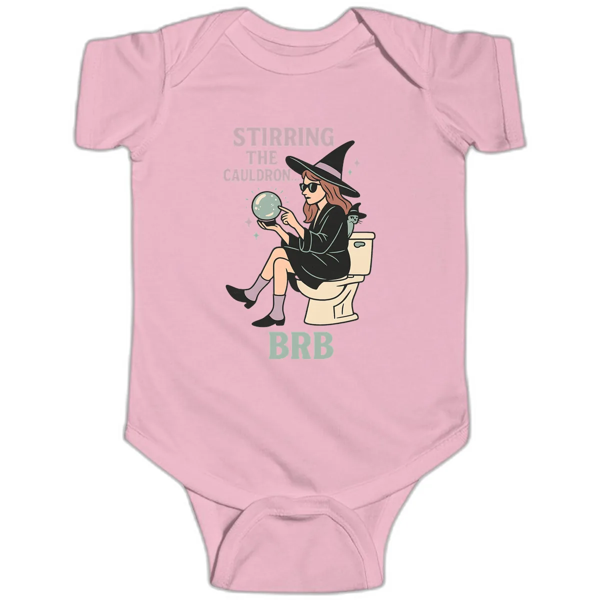 Stirring The Cauldron BRB Witch Design Baby Onesie in Pink