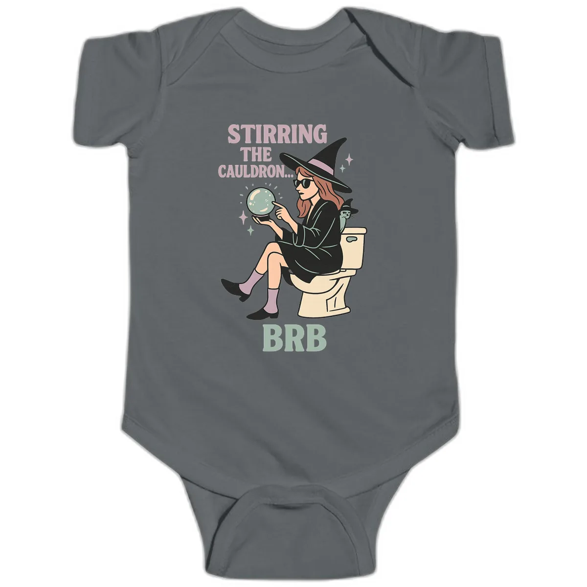 Stirring The Cauldron BRB Witch Design Baby Onesie in Charcoal