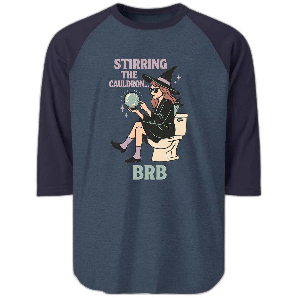 Stirring The Cauldron BRB Witch Design Raglan 3/4 in Heather Denim Navy