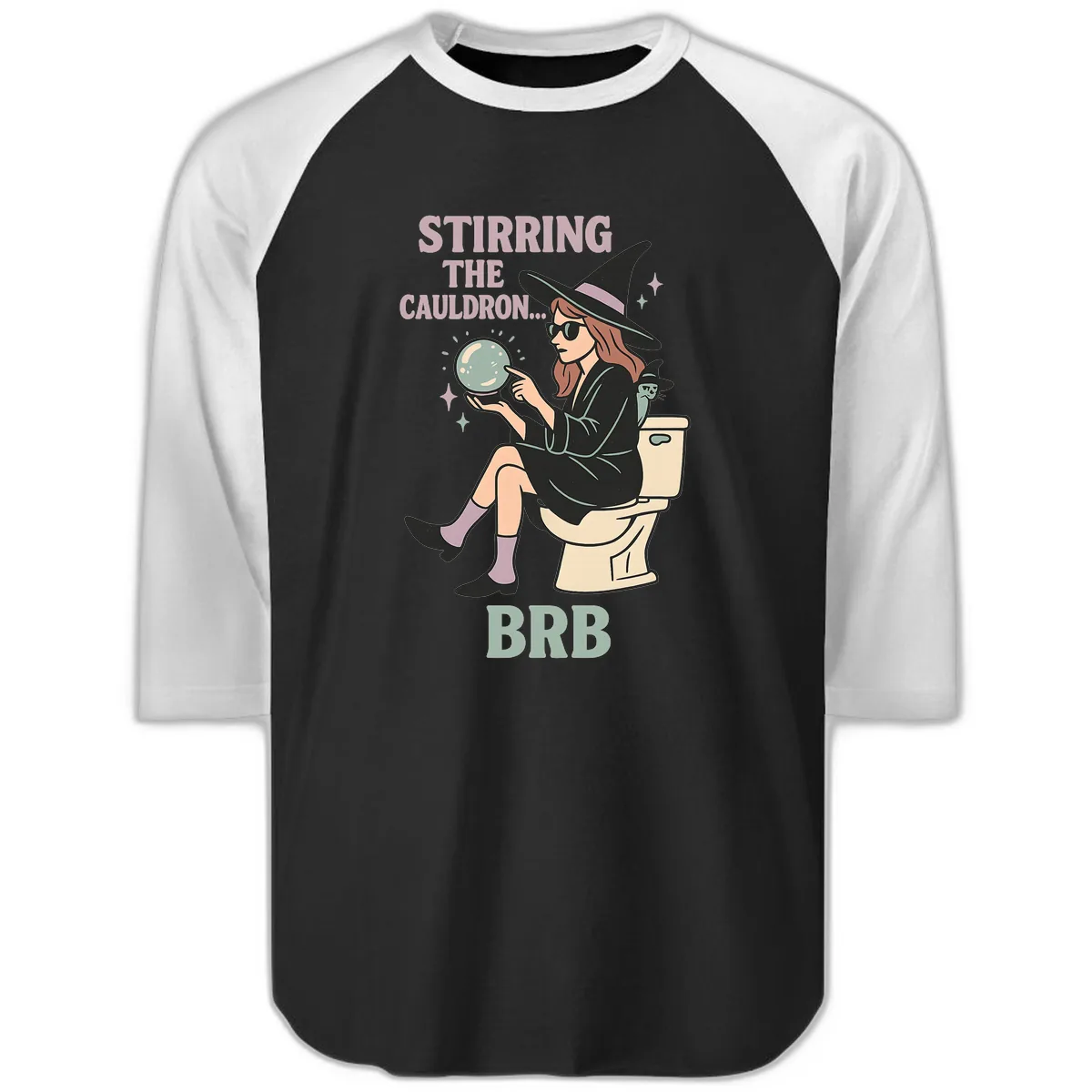 Stirring The Cauldron BRB Witch Design Raglan 3/4 in Black White