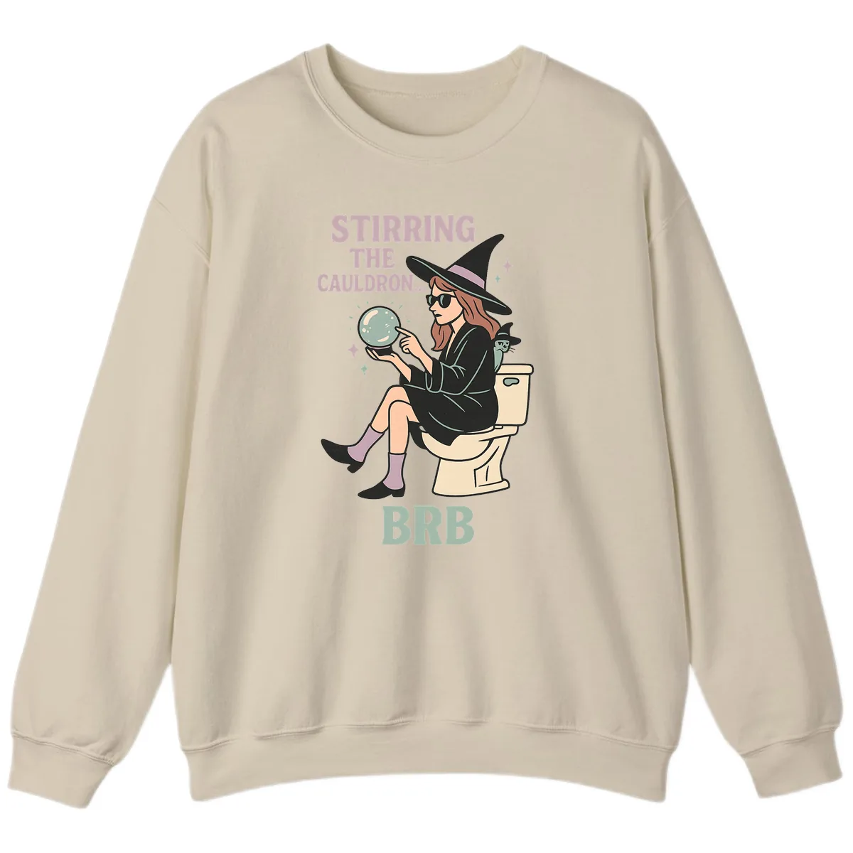 Stirring The Cauldron BRB Witch Design Sweatshirt in Sand