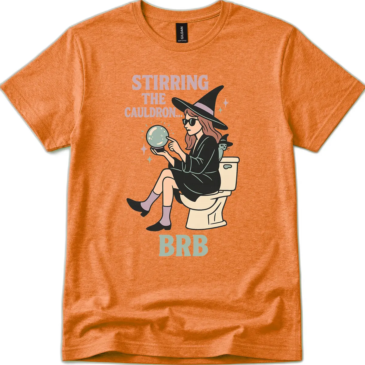 Stirring The Cauldron BRB Witch Design T-Shirt in Heather Orange