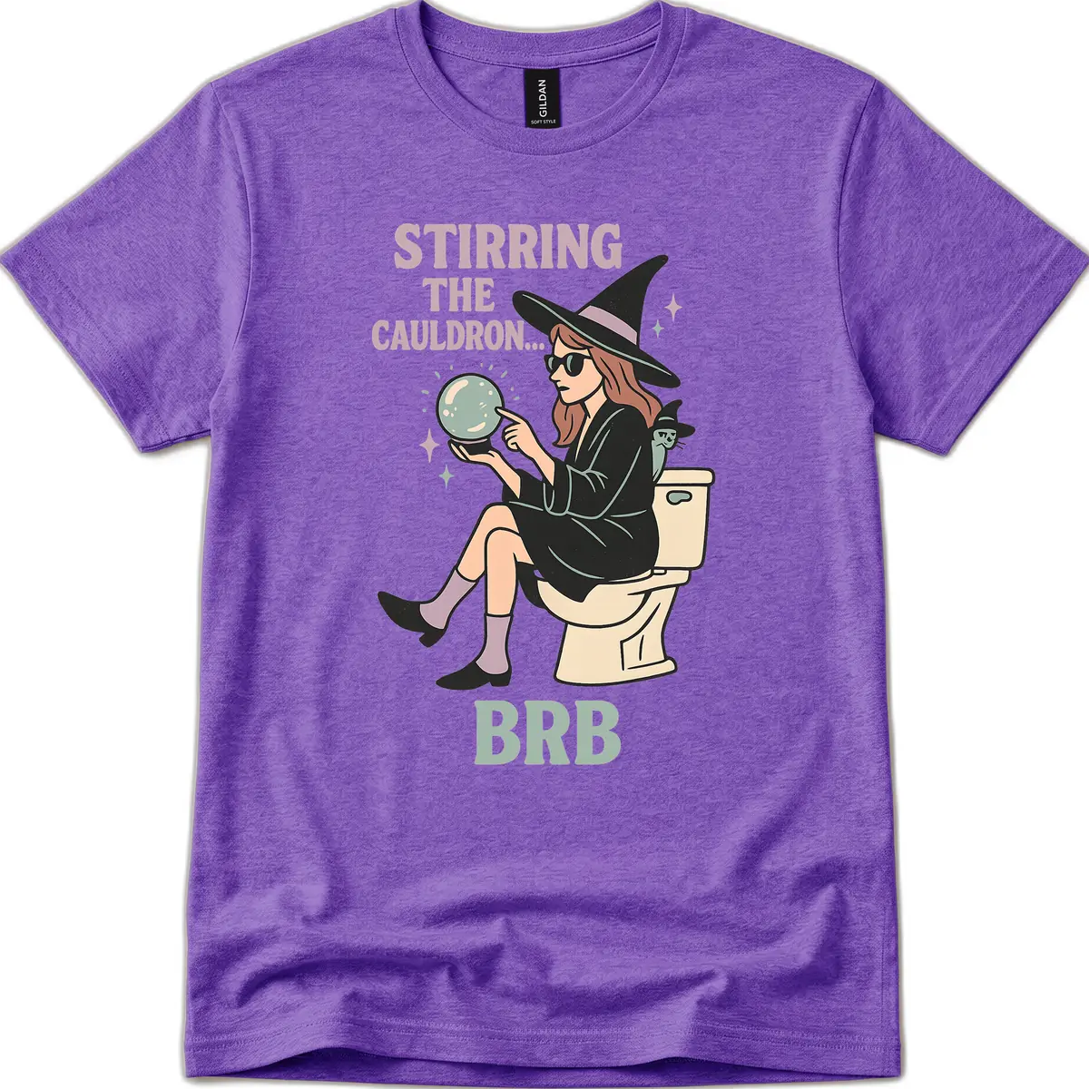 Stirring The Cauldron BRB Witch Design T-Shirt in Heather Purple
