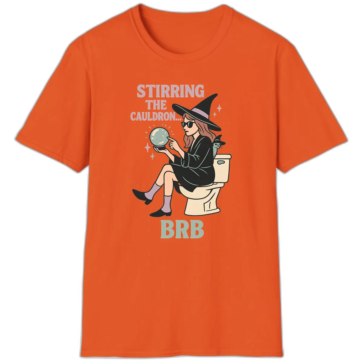 Stirring The Cauldron BRB Witch Design T-Shirt in Orange