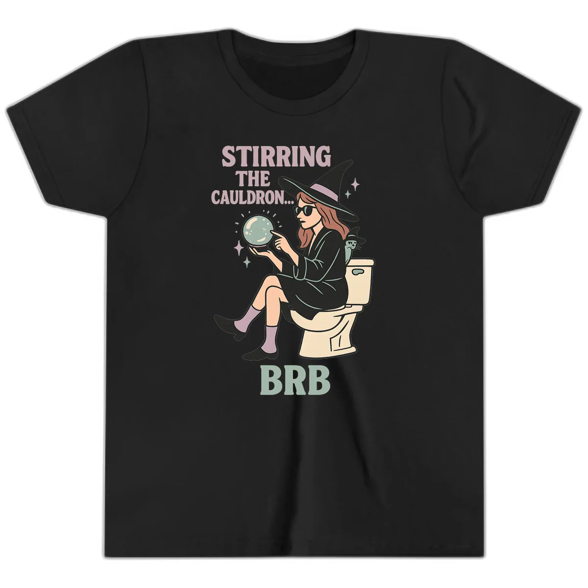 Stirring The Cauldron BRB Witch Design Youth T-Shirt in Black