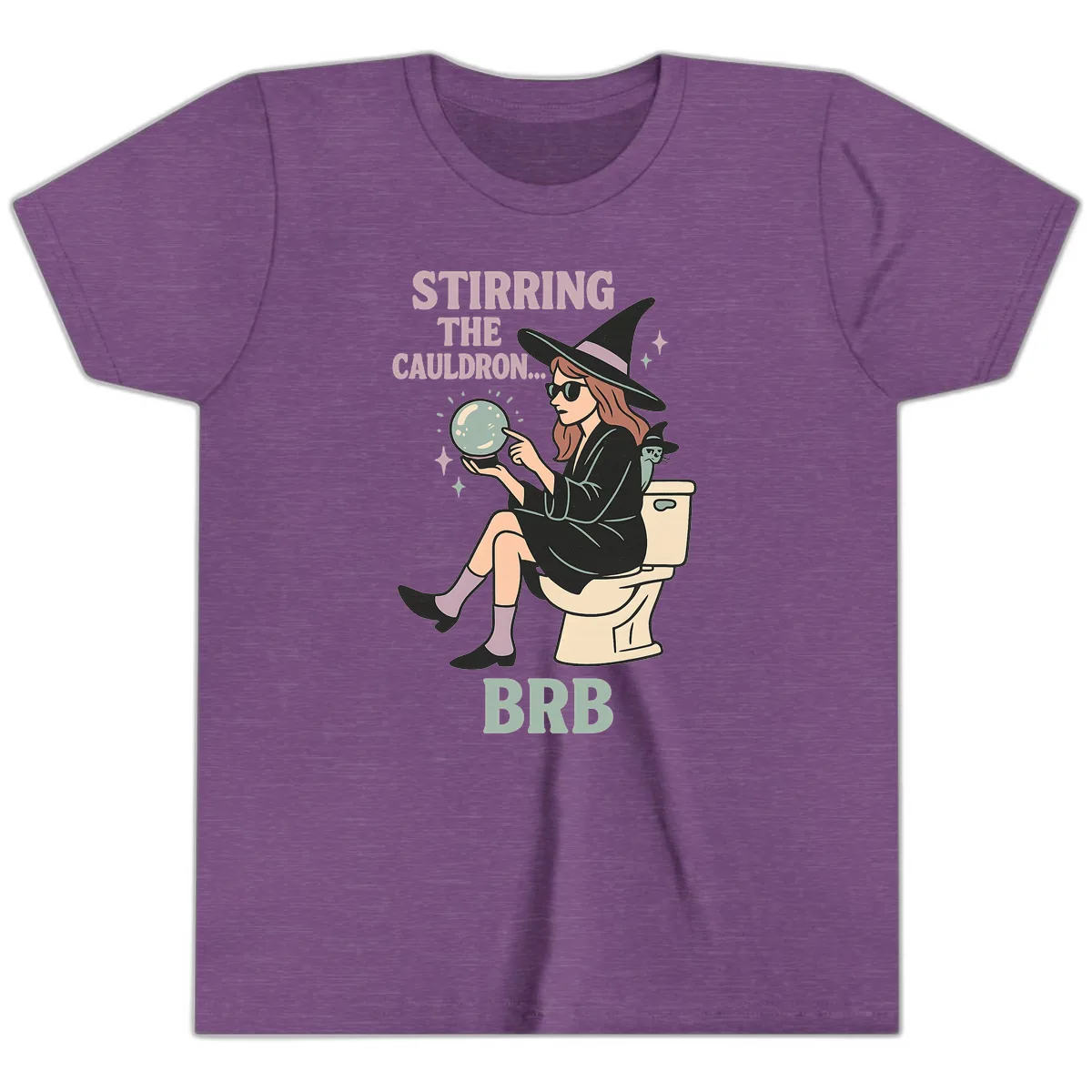 Stirring The Cauldron BRB Witch Design Youth T-Shirt in Heather Team Purple