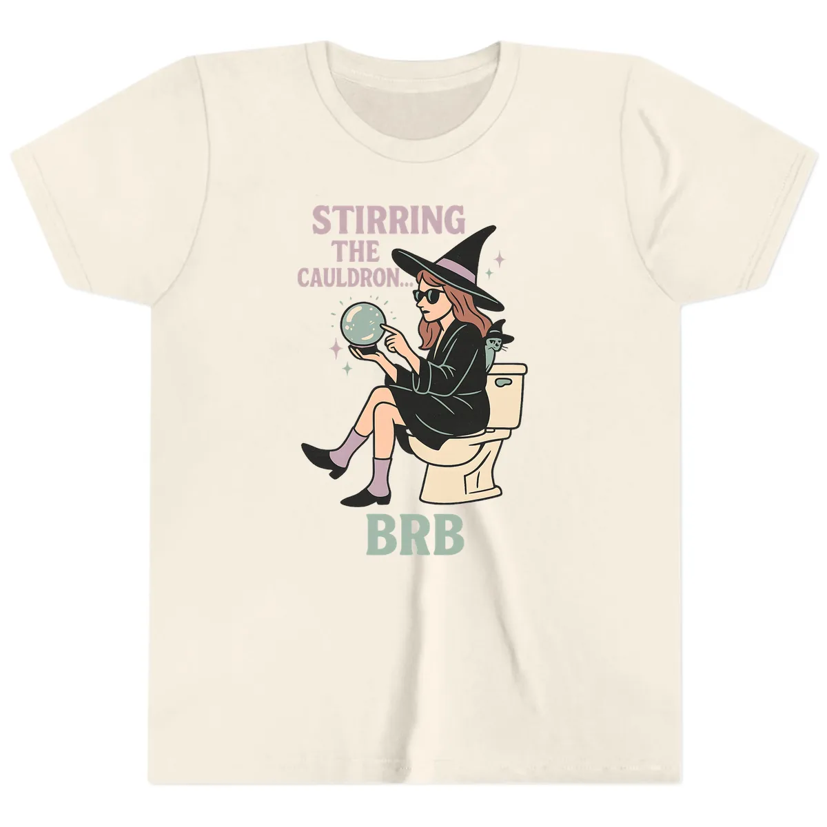 Stirring The Cauldron BRB Witch Design Youth T-Shirt in Natural