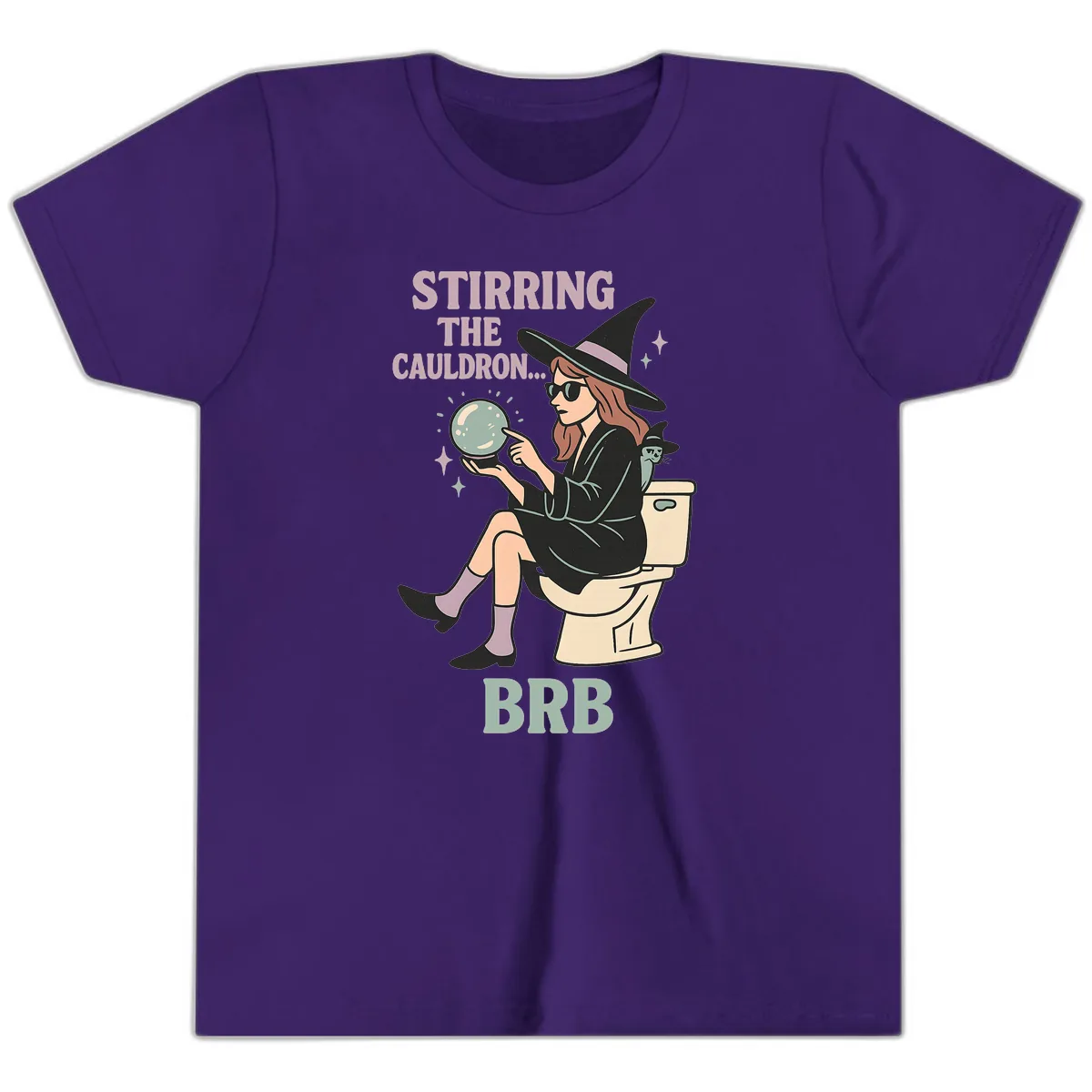 Stirring The Cauldron BRB Witch Design Youth T-Shirt in Team Purple