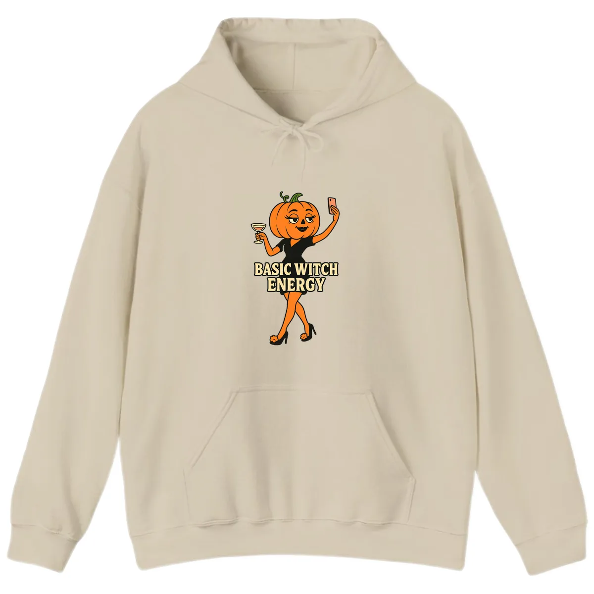 Basic Witch Energy Pumpkin Halloween Hoodie in Sand