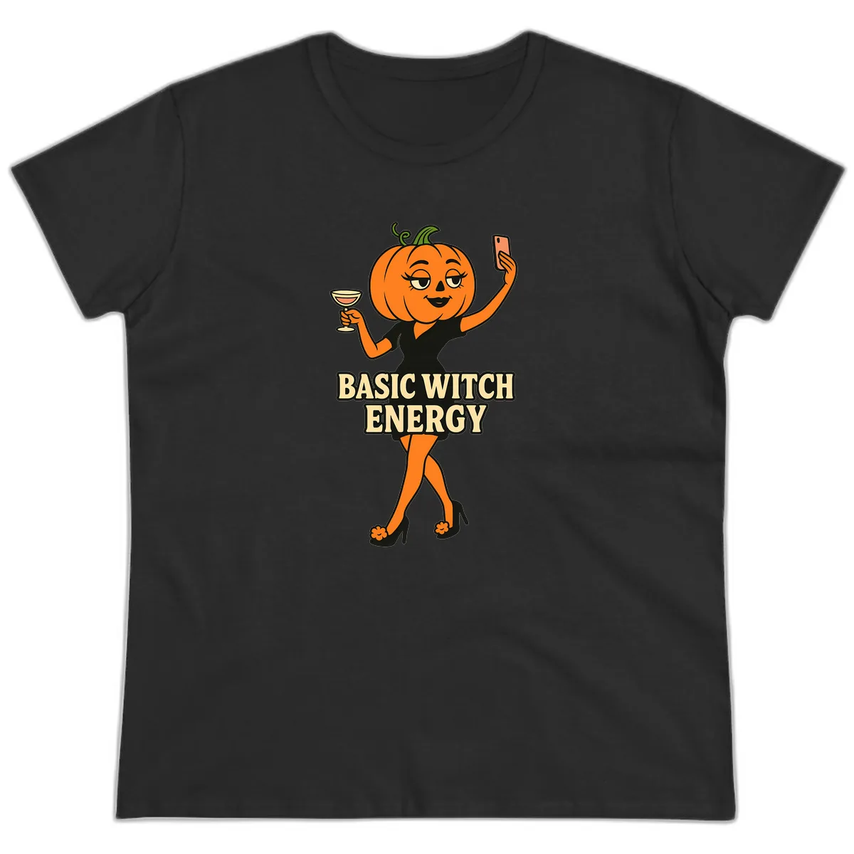 Basic Witch Energy Pumpkin Halloween Ladies Tee in Black