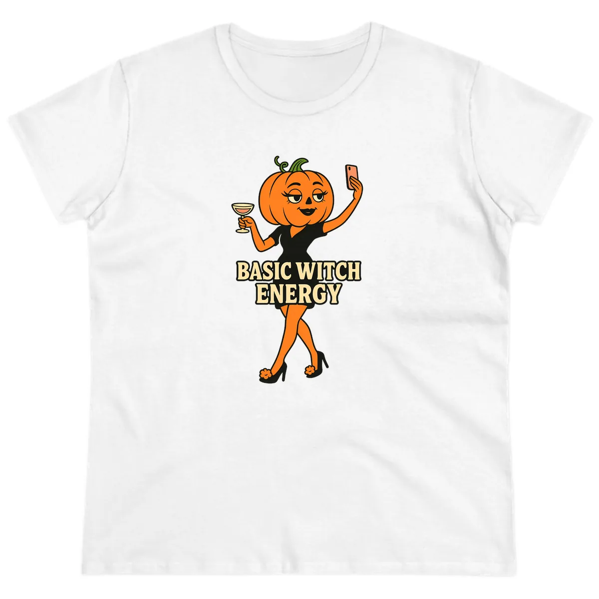 Basic Witch Energy Pumpkin Halloween Ladies Tee in White