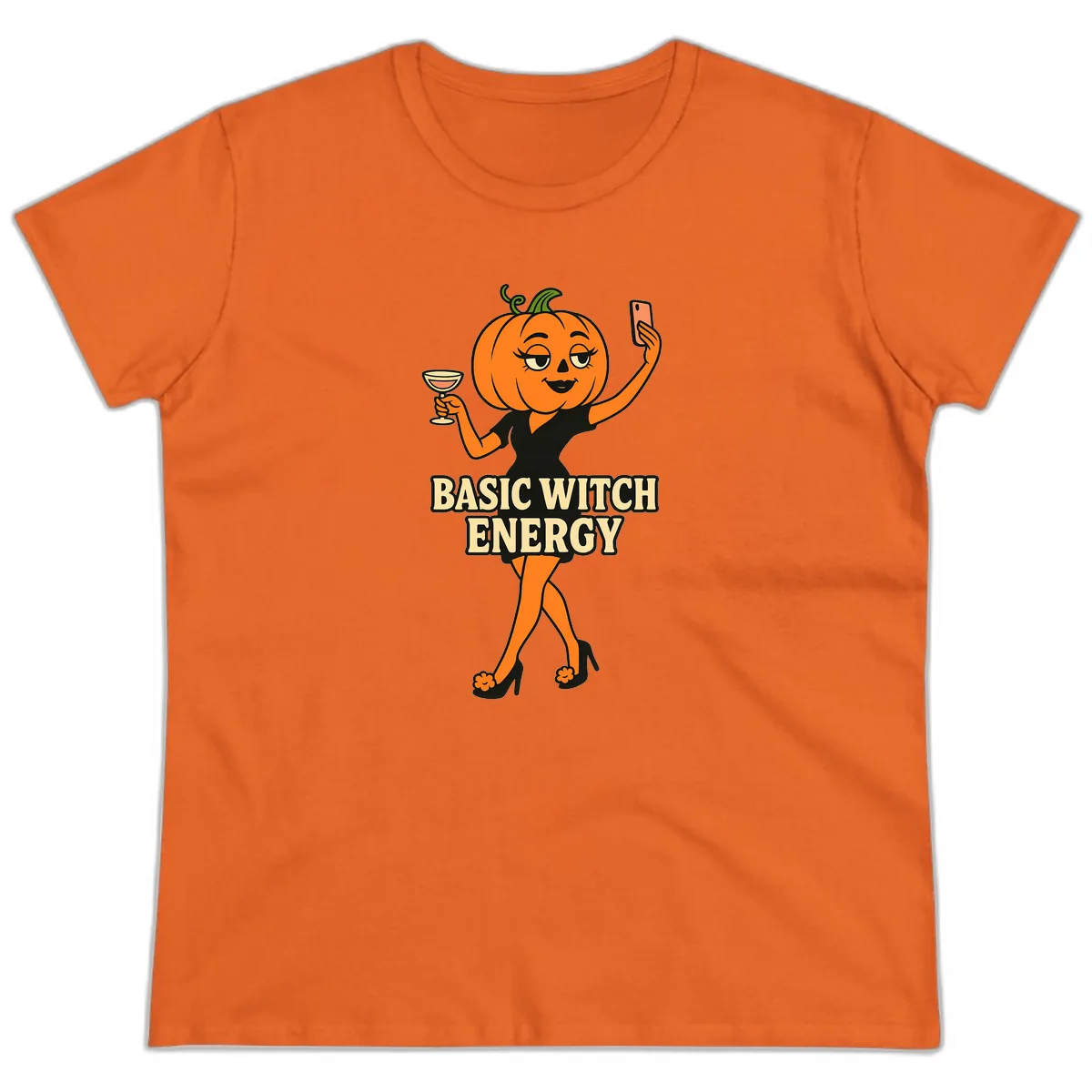 Basic Witch Energy Pumpkin Halloween Ladies Tee in Orange