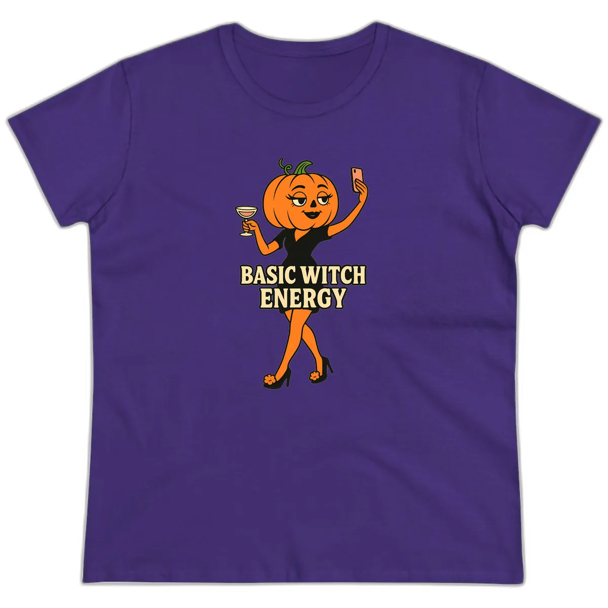 Basic Witch Energy Pumpkin Halloween Ladies Tee in Purple