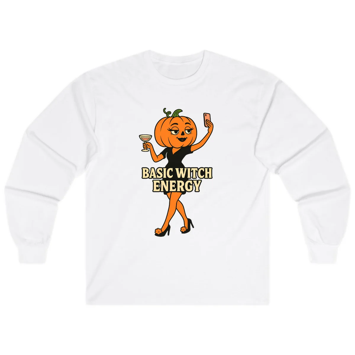Basic Witch Energy Pumpkin Halloween Long Sleeve in White